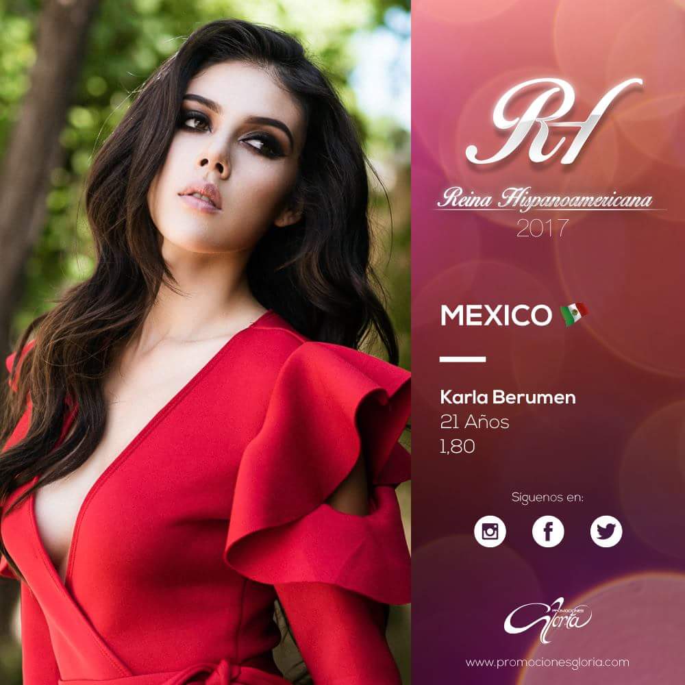 ¡Conocemos oficialmente las candidatas a #ReinaHispanoamericana2017!

Karla Berumen, Miss México
Edad: 21 Años
Estatura: 1.80 cm