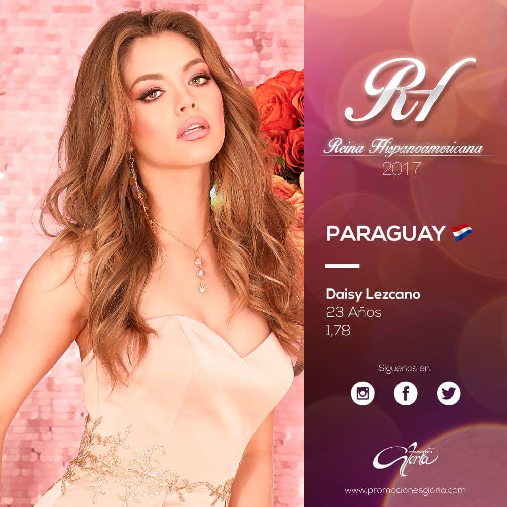 ¡Conocemos oficialmente las candidatas a #ReinaHispanoamericana2017!

Daisy Lezcano, Miss Paraguay
Edad: 23 Años
Estatura: 1.78 cm