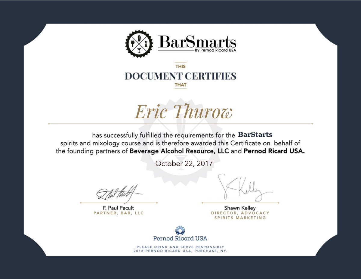 SmplyMdCocktail's tweet photo. Received my 2nd certification 4 the industry, from @BarSmarts via @Pernod_Ricard.
.
#bareducation #mixology #craftcocktails #cocktailhistory https://t.co/RdkLC4sazB