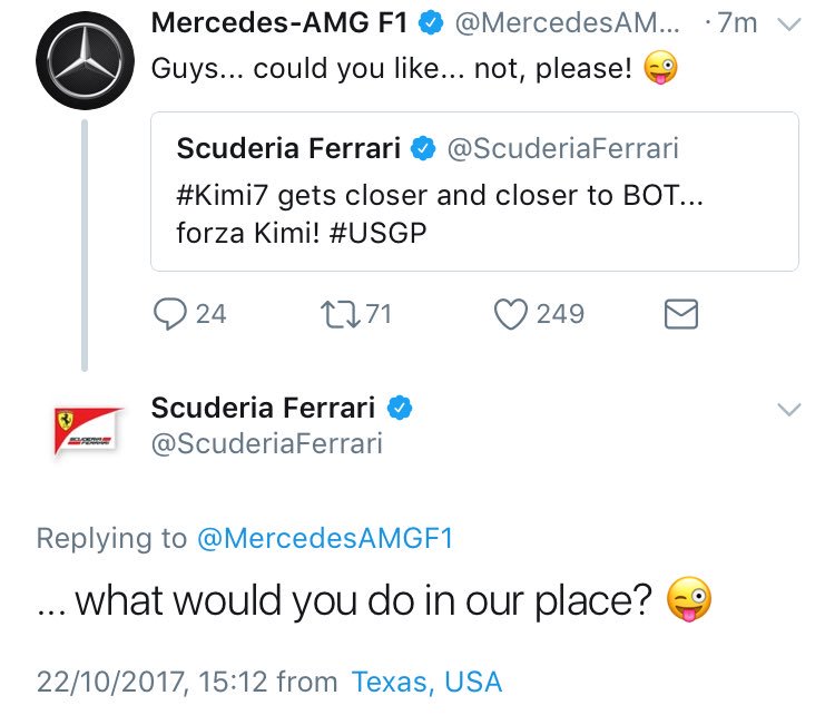 AlpineF1Team's tweet photo. Holy #Aerocat, @ScuderiaFerrari have replied to a tweet!
#USGP https://t.co/Lm5bQfvKjW