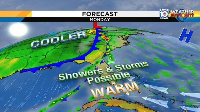 Cold front to our north for Monday. Likely an increase in showers & still hot (that'll change later this week) https://t.co/ry95rHo5jm