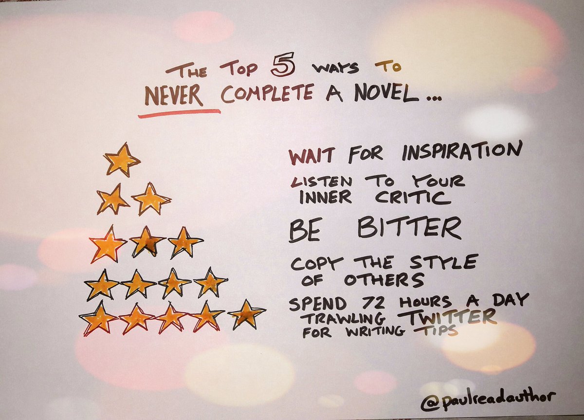 paulreadauthor's tweet photo. Top 5 Ways to Never Complete a Novel #amwriting #writingtips https://t.co/DkCtPCcyFb