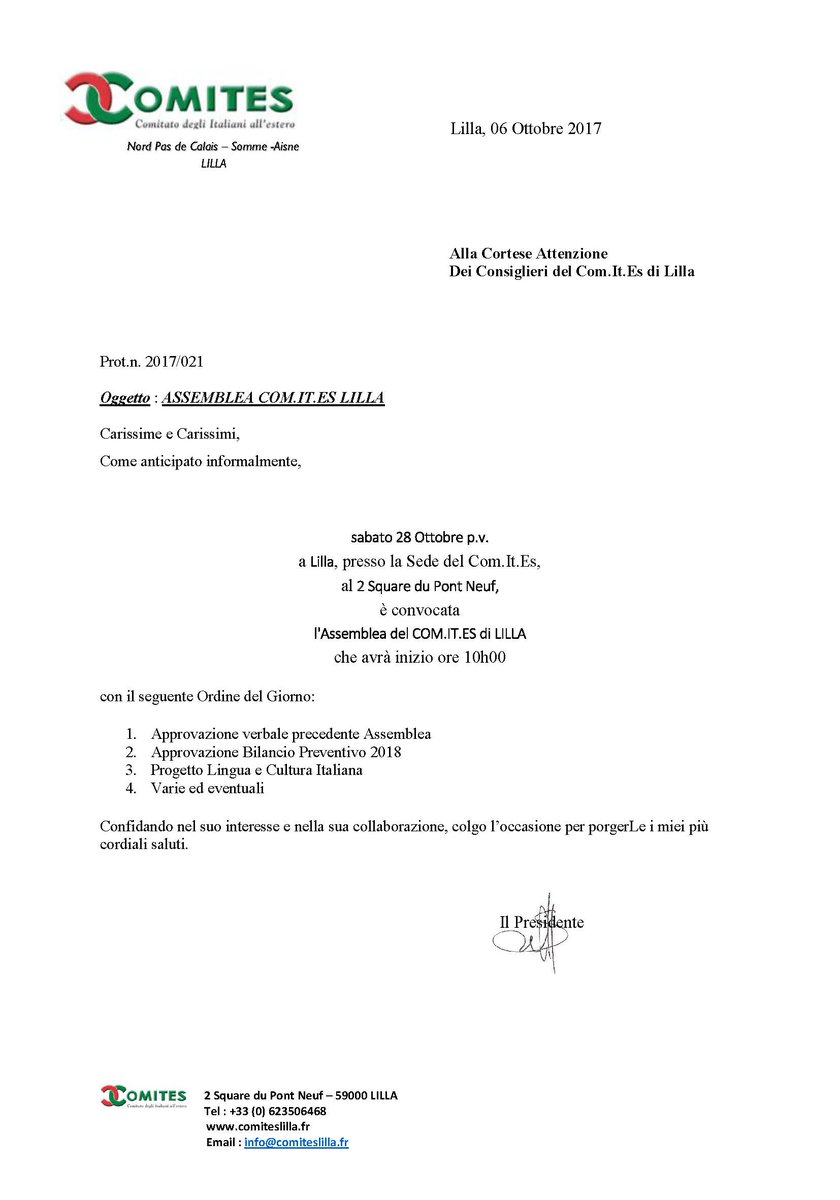 Assemblea pubblica Com.It.ES Lille, ore 10 presso la nostra sede al 2 Square du Pont Neuf Lille.