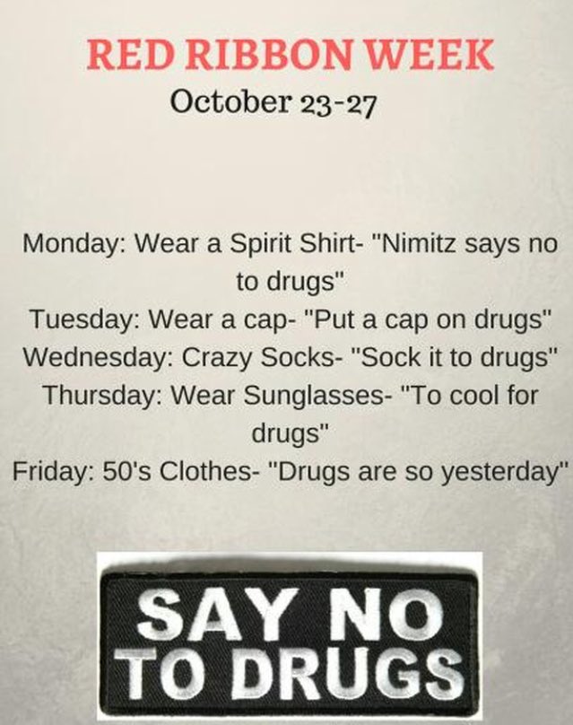 NimitzStuco2018's tweet photo. Red Ribbon Week starts TOMORROW!!! Tell your friends!! PARTICIPATE :)) https://t.co/D1I11g3NbF