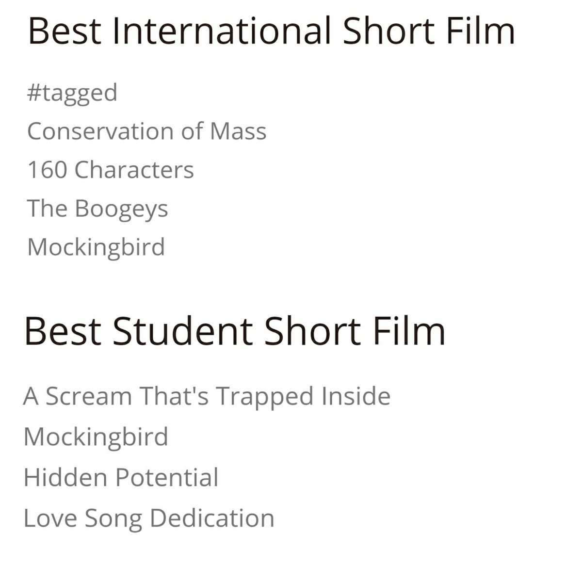 mockingbfilm's tweet photo. @mockingbfilm has been nominated for two awards at @DubWebFest 

- Best International Short 
- Best Student Short 

https://t.co/YSVbkwRjWK… https://t.co/2sGEKmgmdq