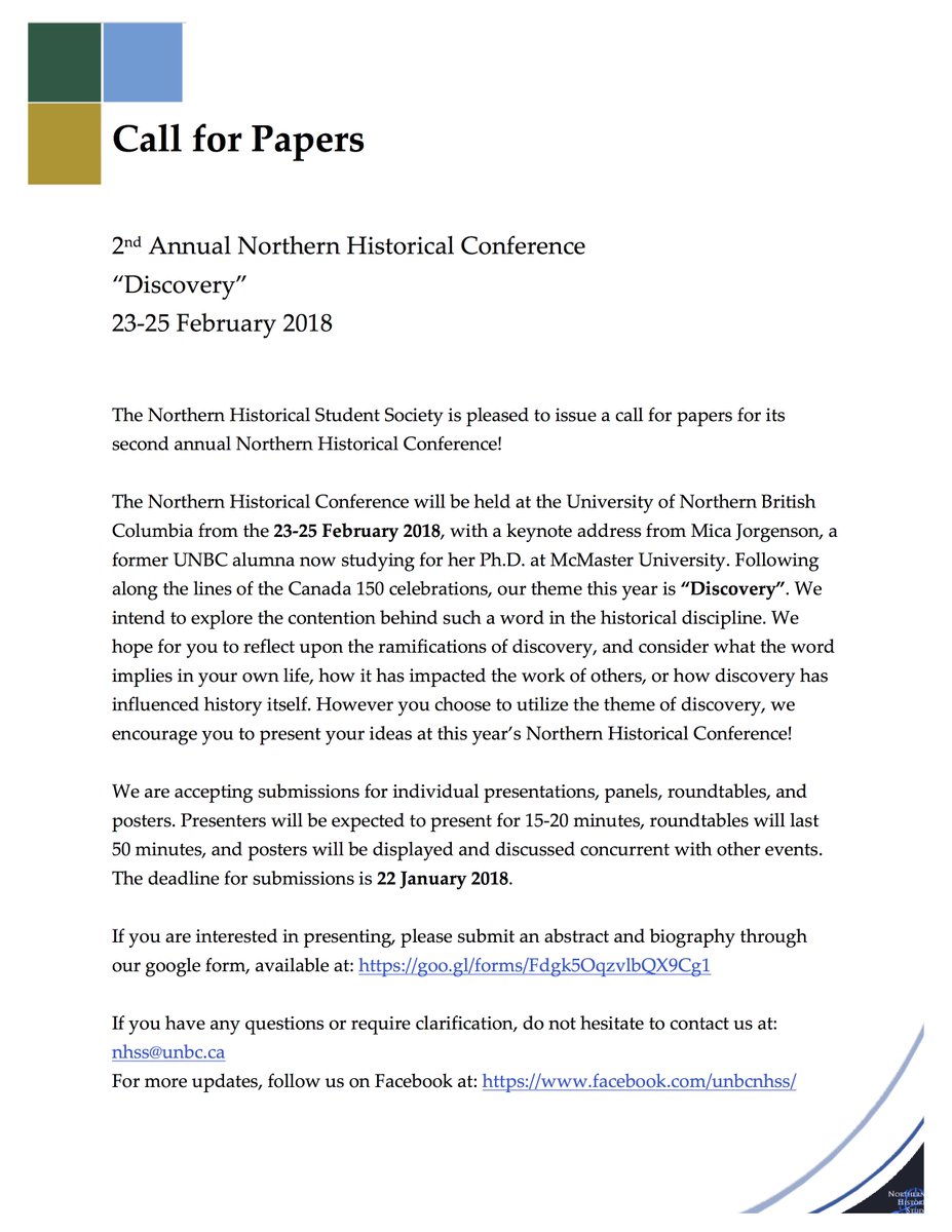 unbcHistory's tweet photo. 2nd Annual Northern Historical Conference. Student conference. Call for Papers. Feb 23-25, 2018 https://t.co/mSAXCD1l3E