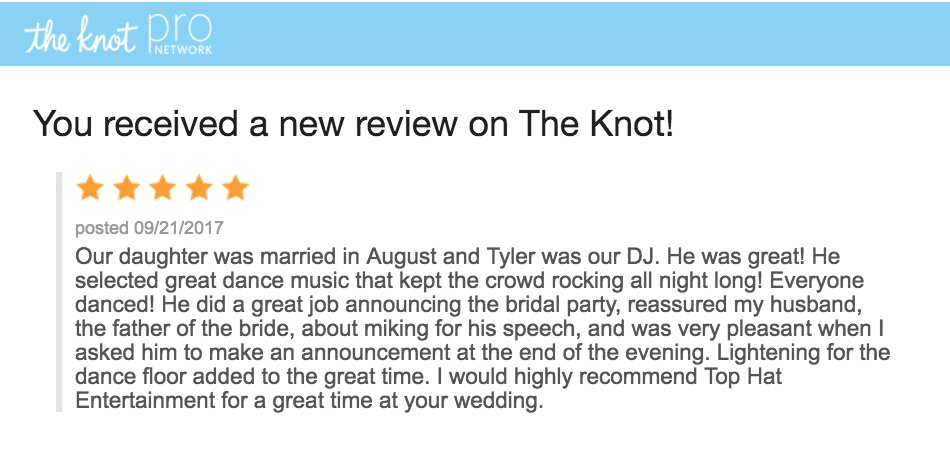 TopHatVT's tweet image. We're loving this great review we received on The Knot ! @theknot