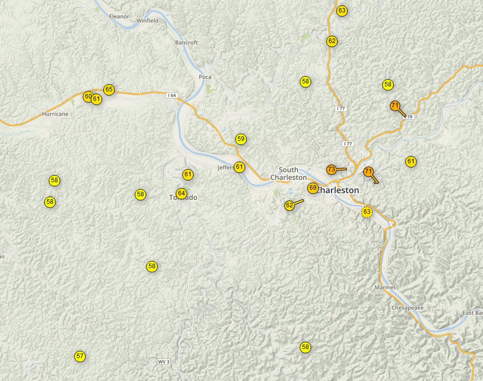 BrandonWxWCHS's tweet image. Quite the temperature difference between valley and ridge tonight--and it's not what you would normally think. Hilltops are near 70 degrees still yet, while valleys and hollows have fallen into the 50s! #weatherunderground #wundermap
