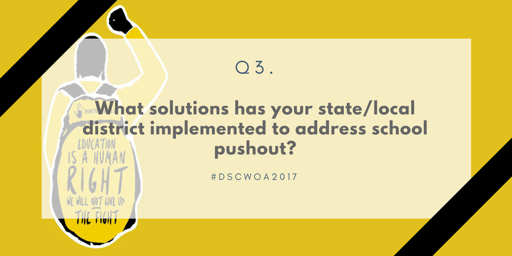 DignityinSchool's tweet photo. Q3 What solutions has your state/local district implemented to address school pushout? #DSCWoA2017 #NOLA @BadassTeachersA @NESRIorg https://t.co/F8HetfR9Ui