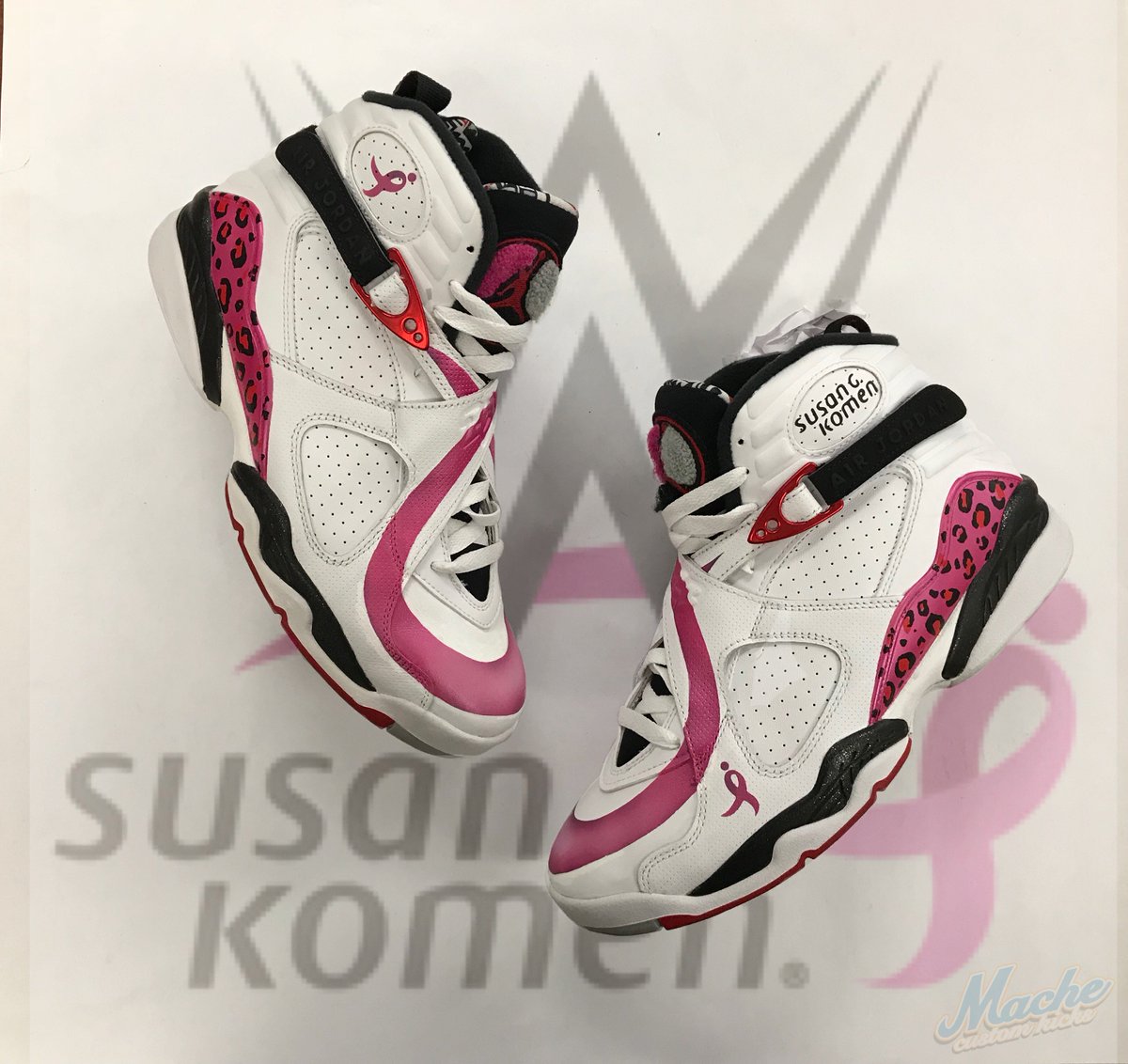 SoleCollector's tweet image. Tonight at #WWETLC, @Real1 is wearing these custom Air Jordan 8s by @Mache275 in support of @SusanGKomen and Breast Cancer Awareness.