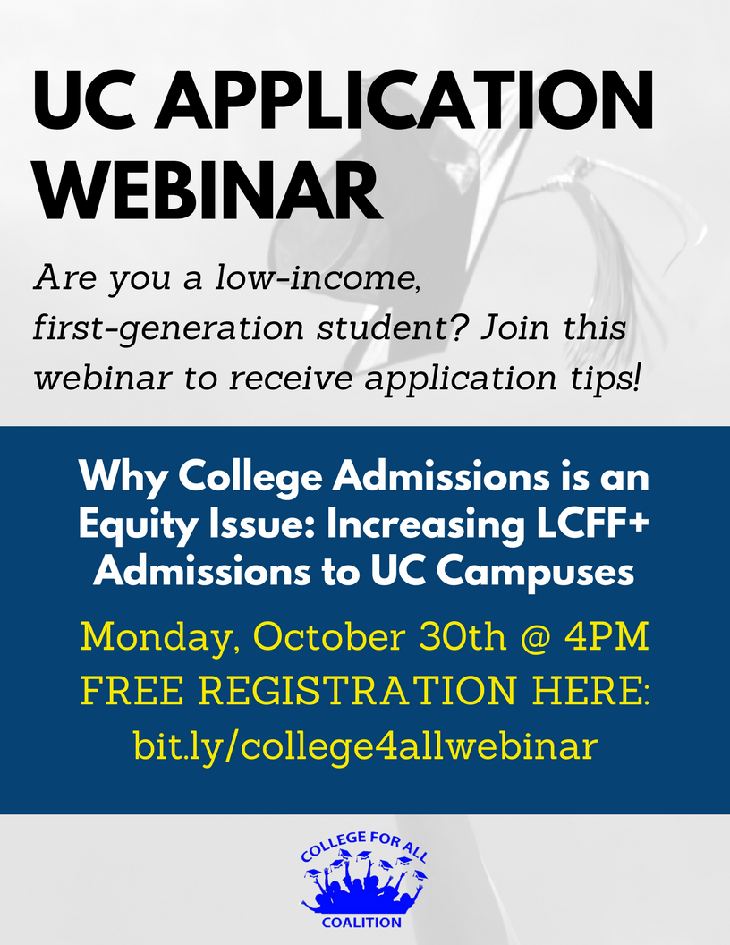 college4allCA's tweet photo. Education equity is a movement, not a moment. Join the movement w/this UC application webinar on 10/30 https://t.co/DfBWUrtqkk #College4All https://t.co/xX3BzLj6OV