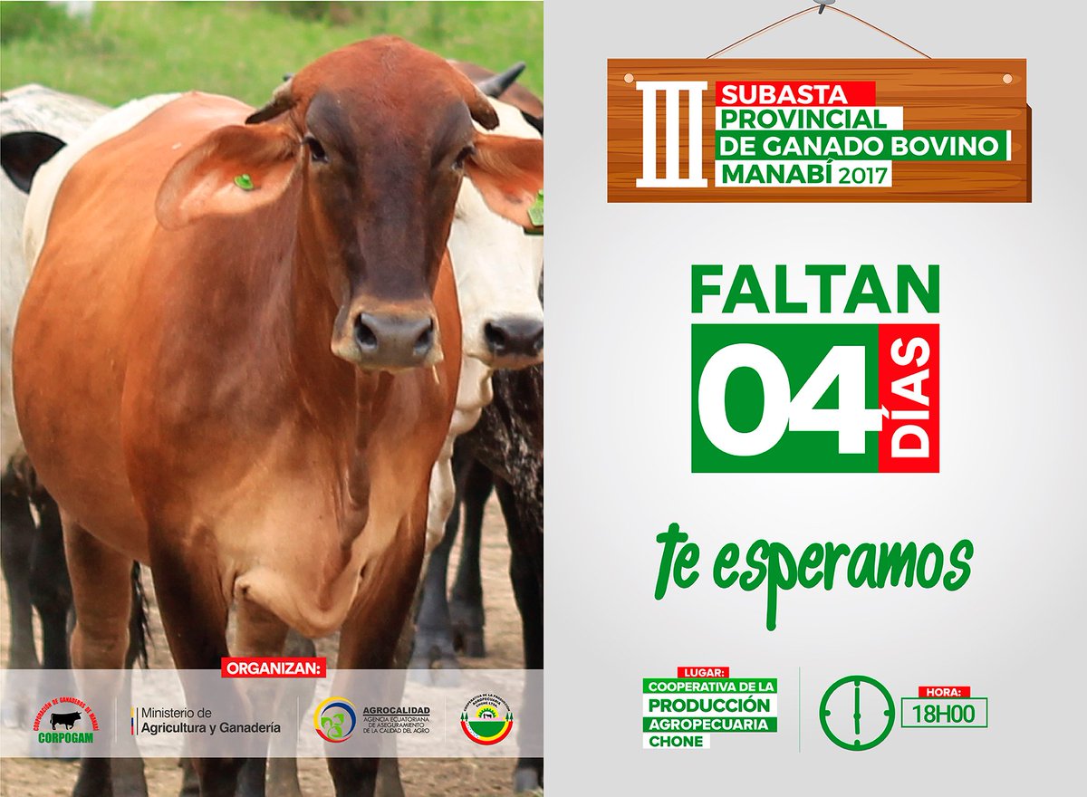 4 días y estaremos en la 3era Subasta @MAGManabi <a href="/GoberManabi/">Gᴏʙᴇʀɴᴀᴄɪᴏ́ɴ ᴅᴇ Mᴀɴᴀʙɪ́</a> @GADManabi <a href="/AgriculturaEc/">Agricultura, Ganadería y Pesca Ecuador 🇪🇨</a> <a href="/AgrocalidadEC/">Agrocalidad</a> <a href="/Presidencia_Ec/">Presidencia Ecuador 🇪🇨</a> @ricardozampais