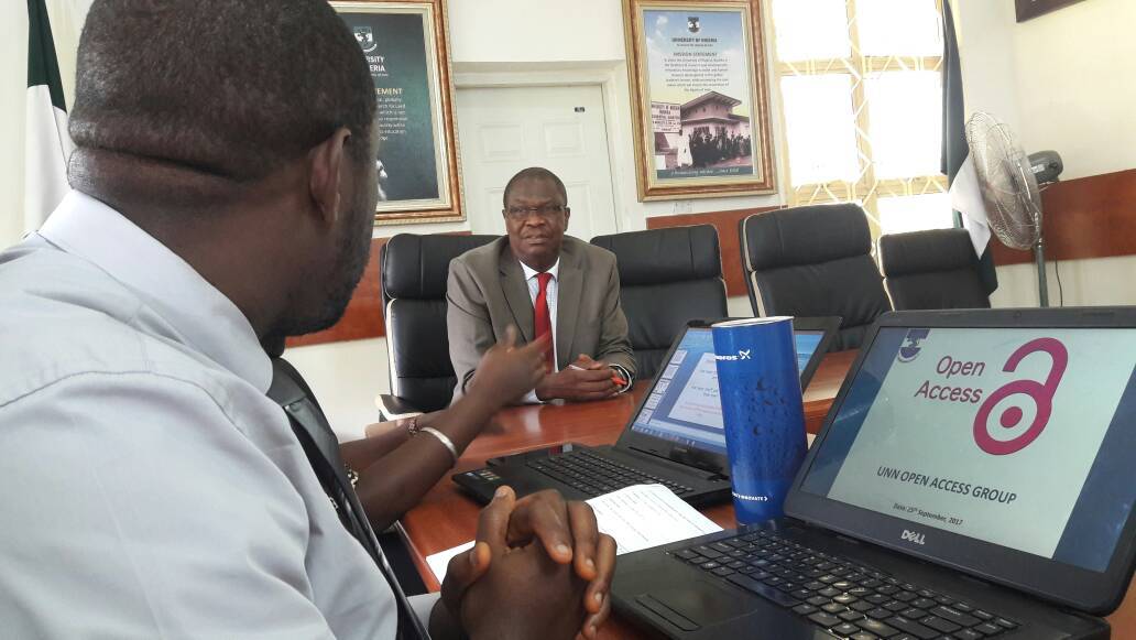 LibrarianOkpala's tweet photo. It's all about @Open_access . Visit to the Vice Chancellor, @unnedu. @emeka_ubaka, I see your head...Lol. #OAWeek17 loading in #OAWeekUNN https://t.co/DLftJAAVcK
