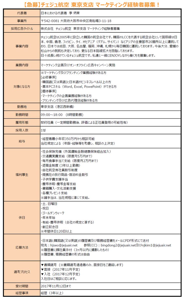 Twittkto On Twitter 東京 チェジュ航空 東京支店 マーケティング経験者募集のお知らせ 応募方法等はこちらから Https T Co 7kbr0t9oy3 こちらの情報は 株式会社 チェジュ航空 東京支店 様のご依頼により掲載しております 韓国観光公社の関連会社ではご