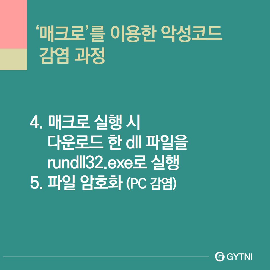 사칭 메일 매크로’를 이용한 악성코드 유입 분석 😠

카드뉴스 보러가기▶ gytni.com/new_gytni/proc… … … … … … … 

#카드뉴스 #랜섬웨어 #ransomware #보안