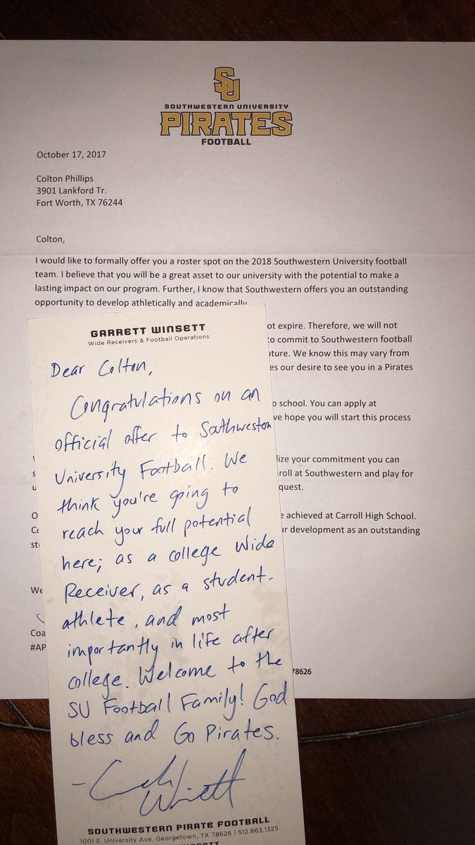 CPhil00's tweet photo. Blessed to receive my first offer from Southwestern University!#APiratesLife18 https://t.co/hQselY2JtO