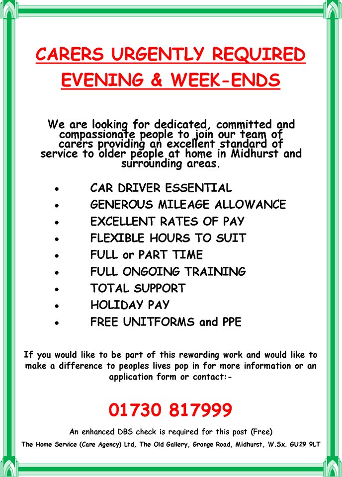 Considering a #career in care? Be part of a hard working, professional and caring team call <a href="/_thehomeservice/">The Home Service</a> #Midhurst based #carer #NewJob