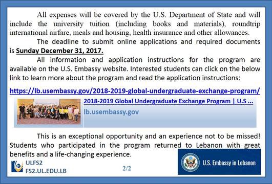 ulfsc2's tweet photo. U.S. Embassy: 2018-2019 Global Ugrad Program
#us #embassy #lebanon
#ulfs2 #ulfsc2 #ul #lu
#الجامعة_اللبنانية #كلية_العلوم #الفرع_الثاني https://t.co/xk0Nk0OcBf