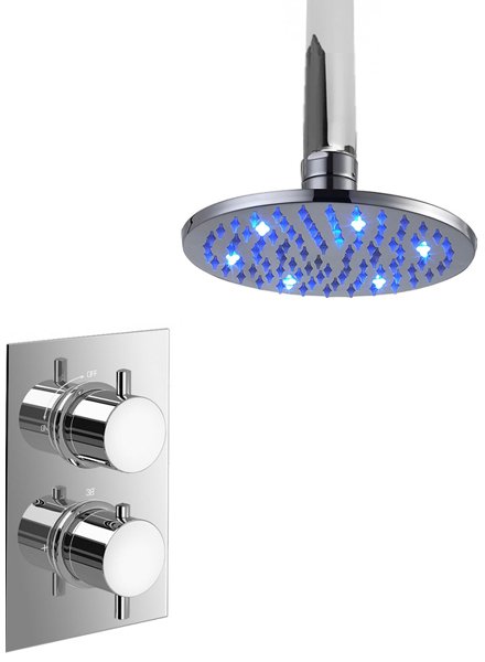 FirstBathroom's tweet photo. Aquaflo Twin Shower Valve With 200mm LED Round Shower Head & Ceiling Mounting Arm. Just £210 at #Firstbathrooms https://t.co/0KU5K2QytP #uk https://t.co/elRyx8rvmt