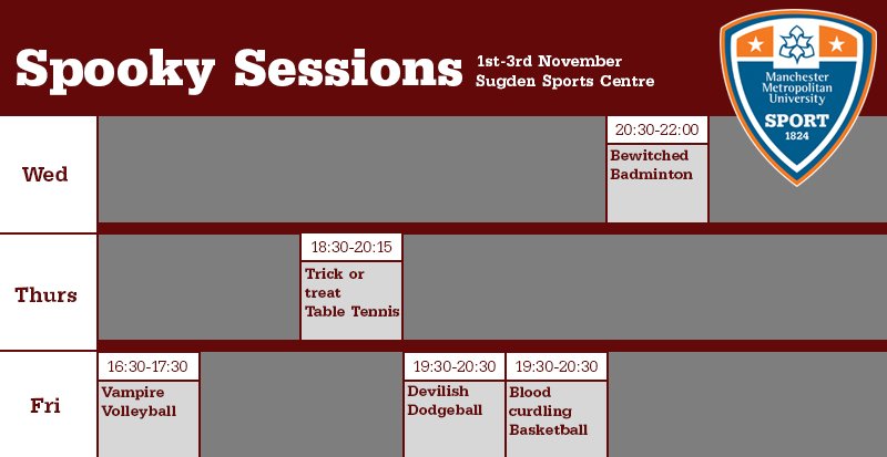 MMUSport's tweet photo. Our Halloween themed free sessions are taking place next week! Check them out and #GetActiveMoreOften this Halloween https://t.co/KPSdfzPeLk