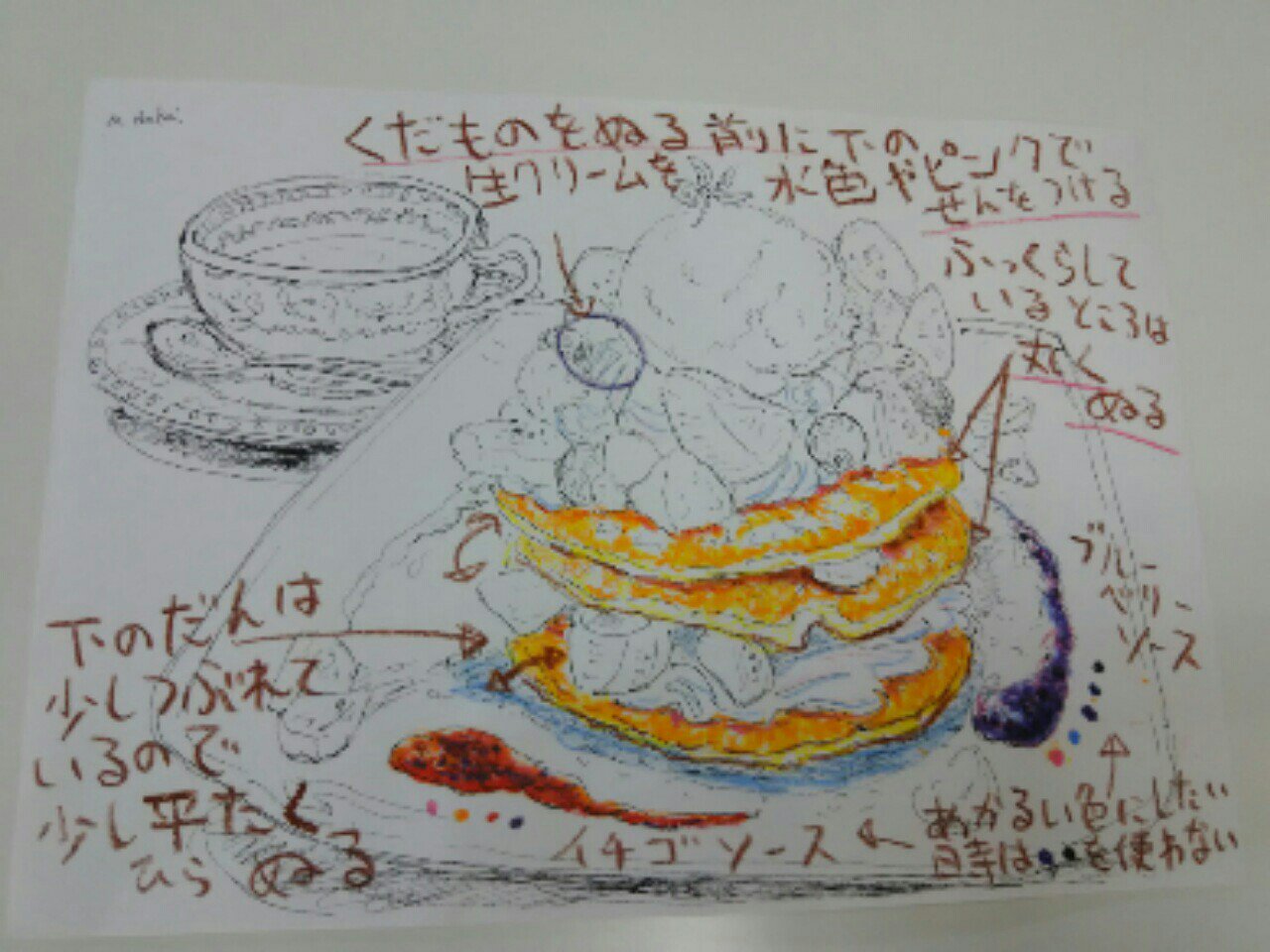 ギャラリーねこい 4月日亀田イオンカルチャースクールで水彩色鉛筆塗り絵教室をします 児童館の水彩色鉛筆 ぬりえ教室用に塗り方のコツ纏め その３ だんだん ふっくらしたパンケーキになってきました 見本はイチゴソースとブルーベリーソースにしま