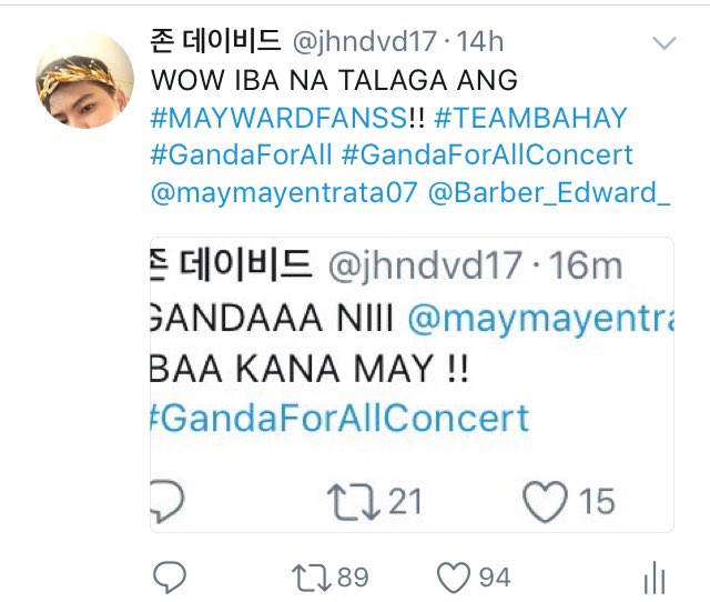 jhndvd17's tweet photo. SOBRANG SAYA KO!! TY #MAYWARDFANS #FANAKO #GandaForAllConcert nakaka shooktt!! 505 RT TAS 700+ HEARTS!! FOLLOW NIYOKO FOFOLLOW BACK KO KAYO https://t.co/qGdPyvdZt3
