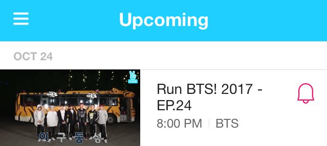 BTSMalaysia's tweet photo. [VLIVE]
Run BTS! 2017 - EP.24
Tuesday, October 24, 2017
Time: 9PM KST https://t.co/xYIGFDoHNs
