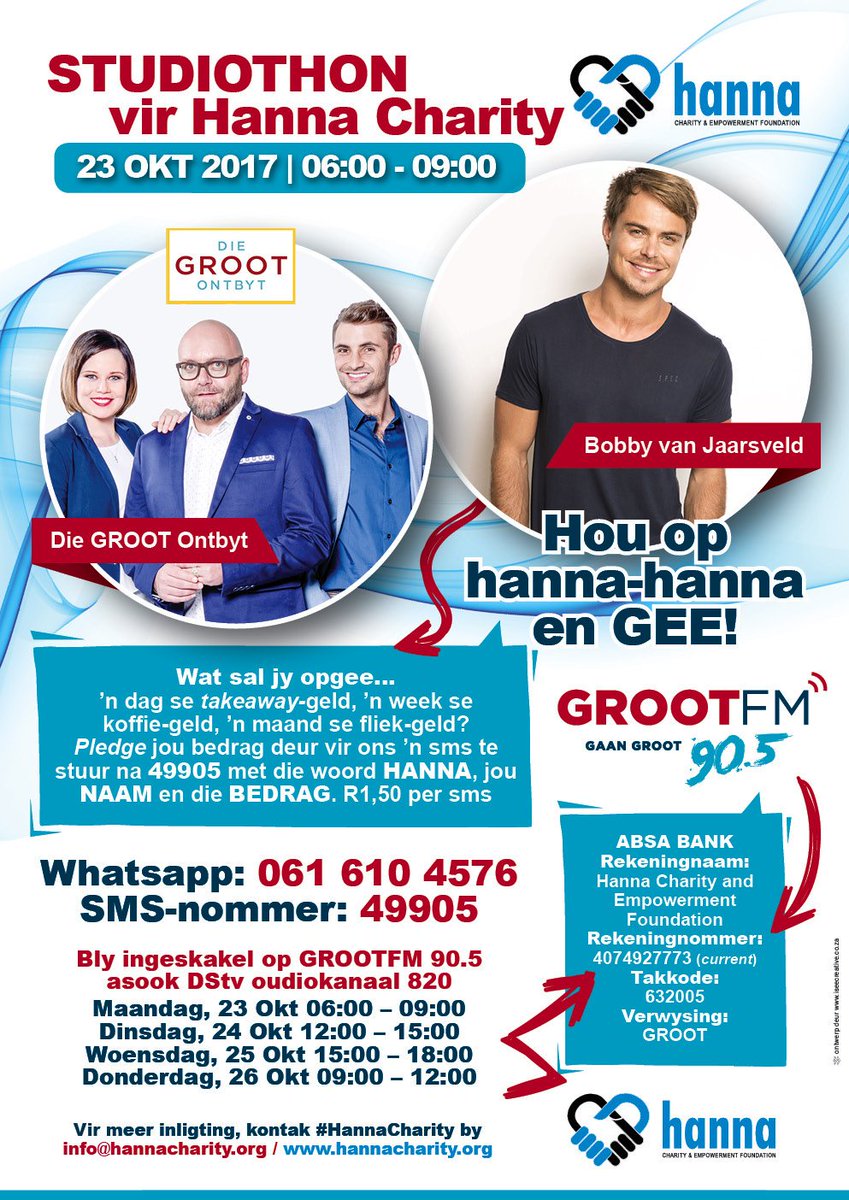 Dankie vir julle ondersteuning  <a href="/bobbyvjaarsveld/">BOBBY VAN JAARSVELD</a> <a href="/ronelbrink/">ronelbrink</a> <a href="/steve_hofmeyr/">Steve Hofmeyr</a> <a href="/BokvanBlerkReal/">Bok van Blerk</a> @DewaldWasserfal  <a href="/GrootFM/">GROOTfm 90.5</a> <a href="/HannaGrobler/">Hanna Grobler</a>