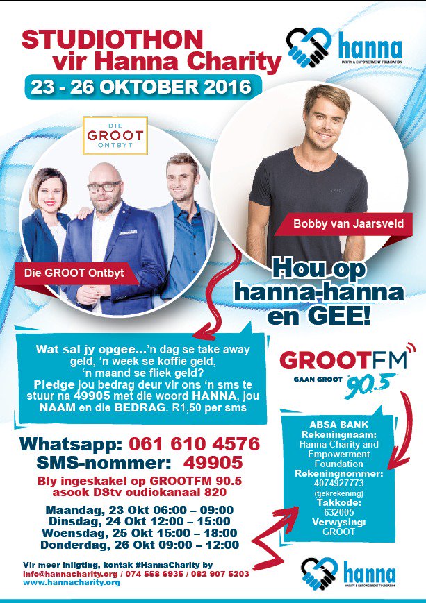 Dankie Bokkaaaaa <a href="/BokvanBlerkReal/">Bok van Blerk</a>  dat jy ons <a href="/HannaGrobler/">Hanna Grobler</a> Charity Studiothon ondersteun #visvang #golf #vliegkaartjies! Opgee Vir die week