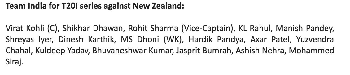 BCCI's tweet photo. #TeamIndia for 3-match T20I series against New Zealand #INDvNZ. The series starts from the 1st of November 2017. https://t.co/R50PAVCBjW