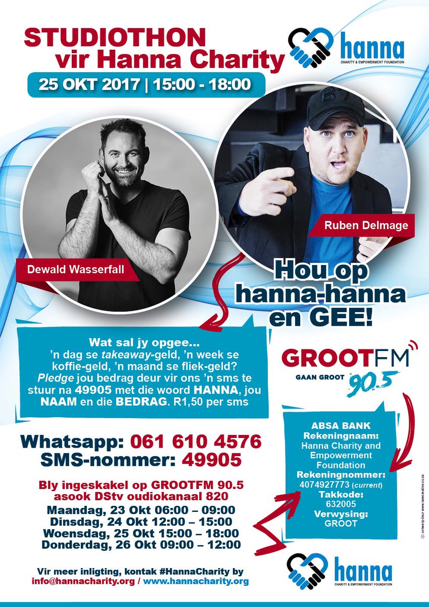 Woensdag @DewaldWasserfal in die <a href="/GrootFM/">GROOTfm 90.5</a> studio saam <a href="/RubenDelmage/">Ruben Delmage</a> vir die Hanna Charity Studiothon! <a href="/AfrIsGroot/">Afrikaans is Groot</a> <a href="/sa_artists/">SA-ARTISTS</a> <a href="/SACelebTweets/">𝘚𝘈 𝘊𝘦𝘭𝘦𝘣𝘳𝘪𝘵𝘺 & 𝘓𝘪𝘧𝘦𝘴𝘵𝘺𝘭𝘦</a>