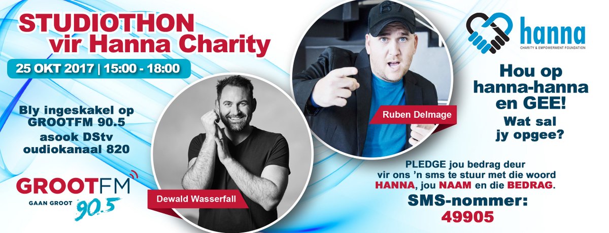@DewaldWasserfal is ook uitgedaag om iets op te gee en te pledge vir <a href="/HannaCharity/">Hanna Charity</a> Skakel Woe tussen 3pm-6pm in op <a href="/GrootFM/">GROOTfm 90.5</a> #SlatDiePad