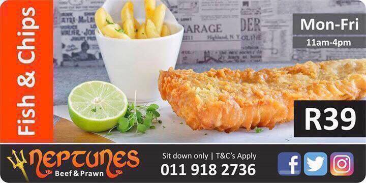 NeptunesSA's tweet photo. Neptunes famous FISH &amp; CHIPS only R39 [Hake]
Mon to Fri 11am to 4pm 
#neptunesbeefandprawn #Neptunes #ChefsSpecial #TantalizeNZ #cirobertson https://t.co/NqSwrzUmj7