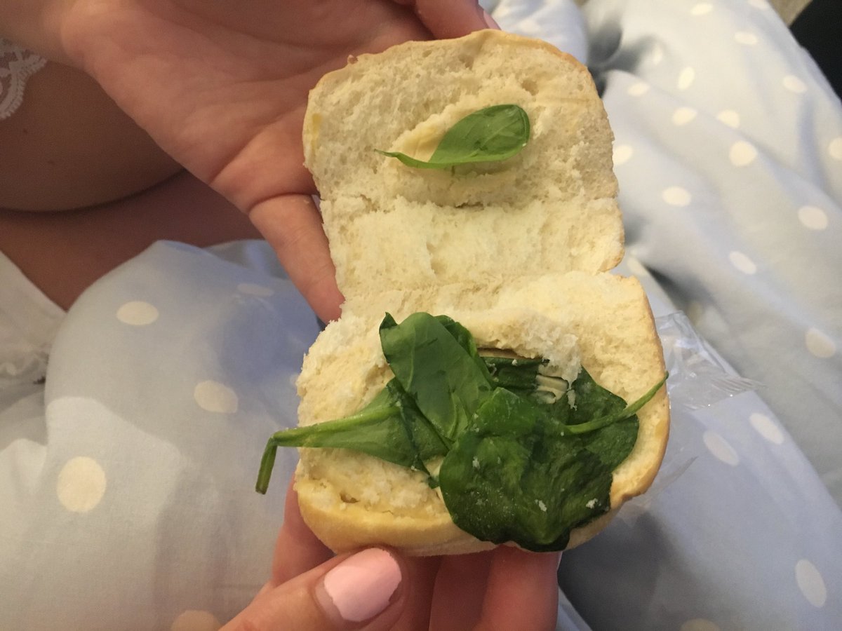 jimbuck85's tweet photo. First flight on an A380 with @EtihadAirways last week. As you can see, the in flight food matched all expectations!! Spinach sandwich?!? https://t.co/GhLHHlLARX