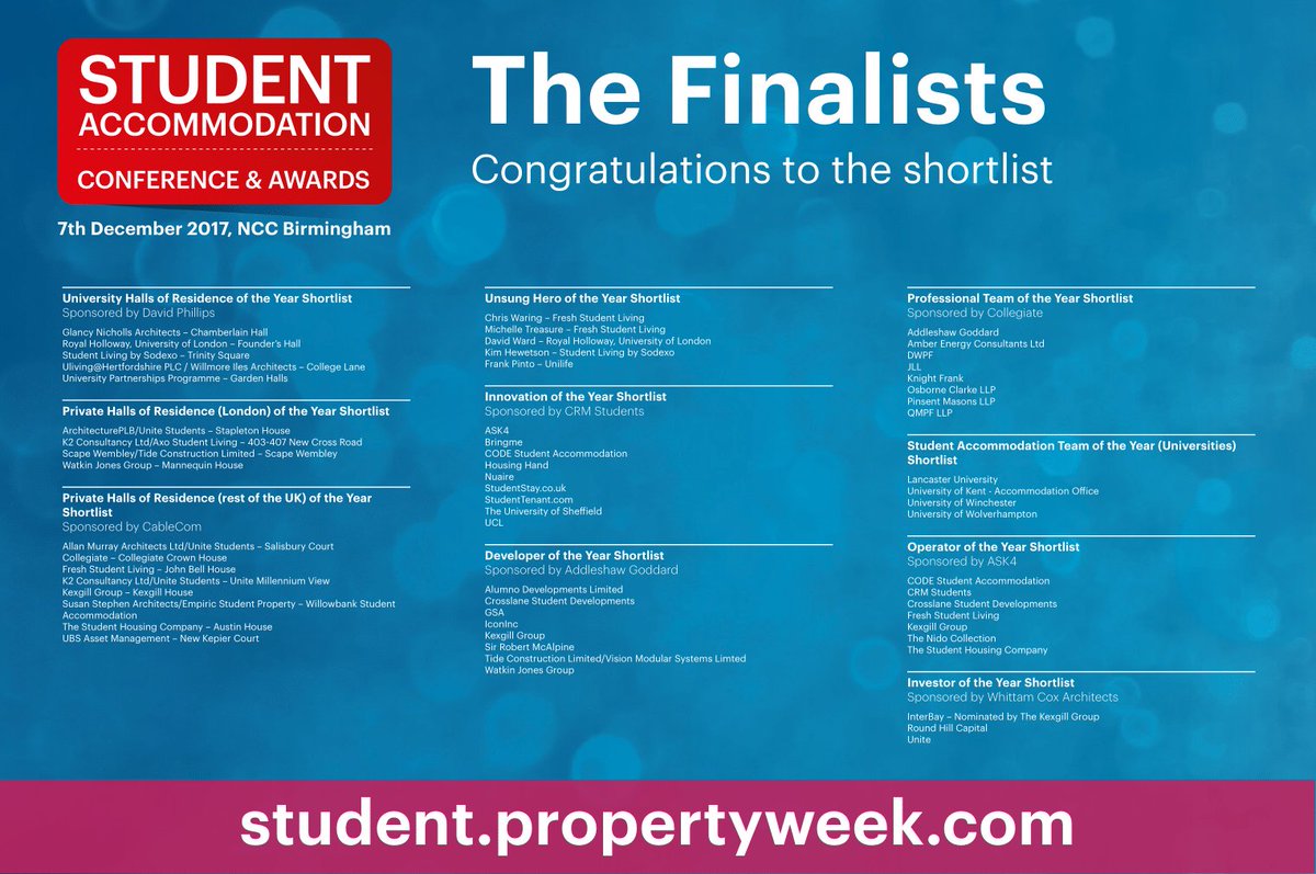 StudentPW's tweet photo. The shortlist for the Student Accommodation Awards has been released! View who made it as a finalist: https://t.co/cG2nb2R6fb https://t.co/TzvIAwYk7R