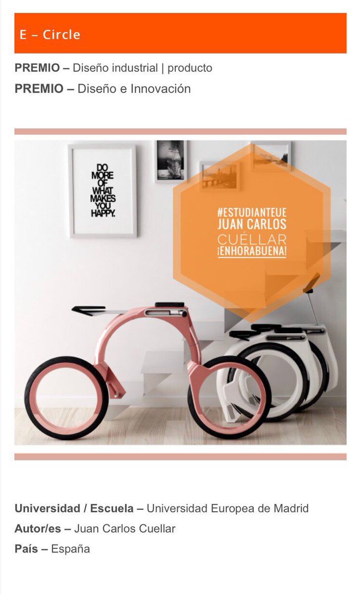 ArteyDisenoUE's tweet photo. El #estudianteUE Juan Carlos Cuéllar será premiado en el #7EncuentroBID @di_mad #diseñodeproducto #innovación https://t.co/vO6Y3JHqwC