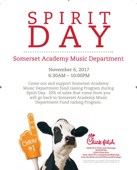 SGAEvents's tweet photo. Join us tonight at Chick-Fil-A for the Band Fundraiser in Pines &amp; Flamingo till 10pm!! Show the flyer, save the receipt &amp; bring to Band Room https://t.co/UdGqJ0yHqF