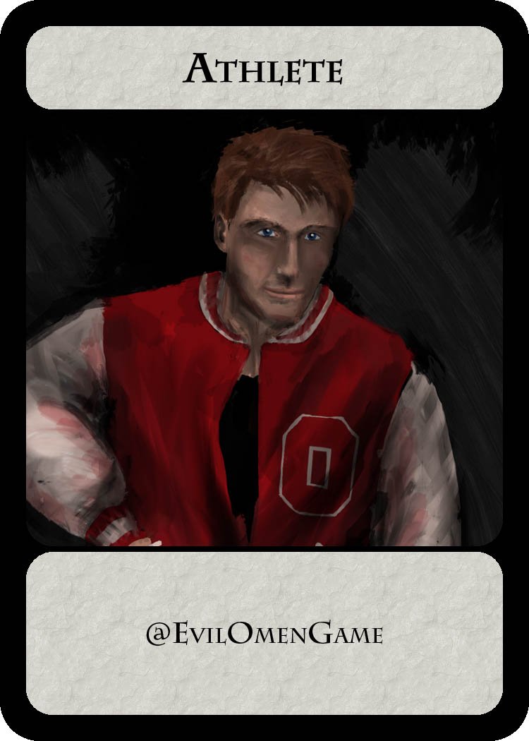 EvilOmenGame's tweet photo. Artwork by the talented Kristen Liggan!
#Evilomen #horror #boardgame #localartist #card #athlete #jock #kickstarter #indevelopment https://t.co/4ZqaiqV1nF