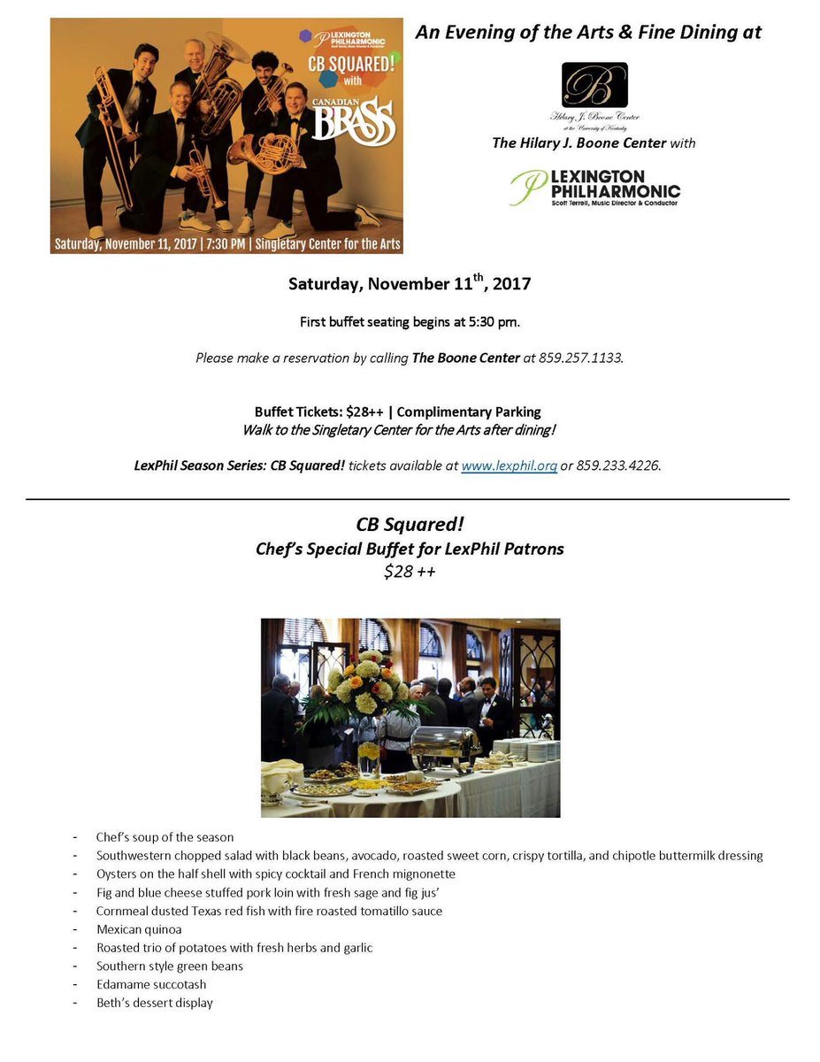 We will host the usual Pre-concert Buffet for the Lexington Philharmonic. 
Reservations required.

#dinner #arts