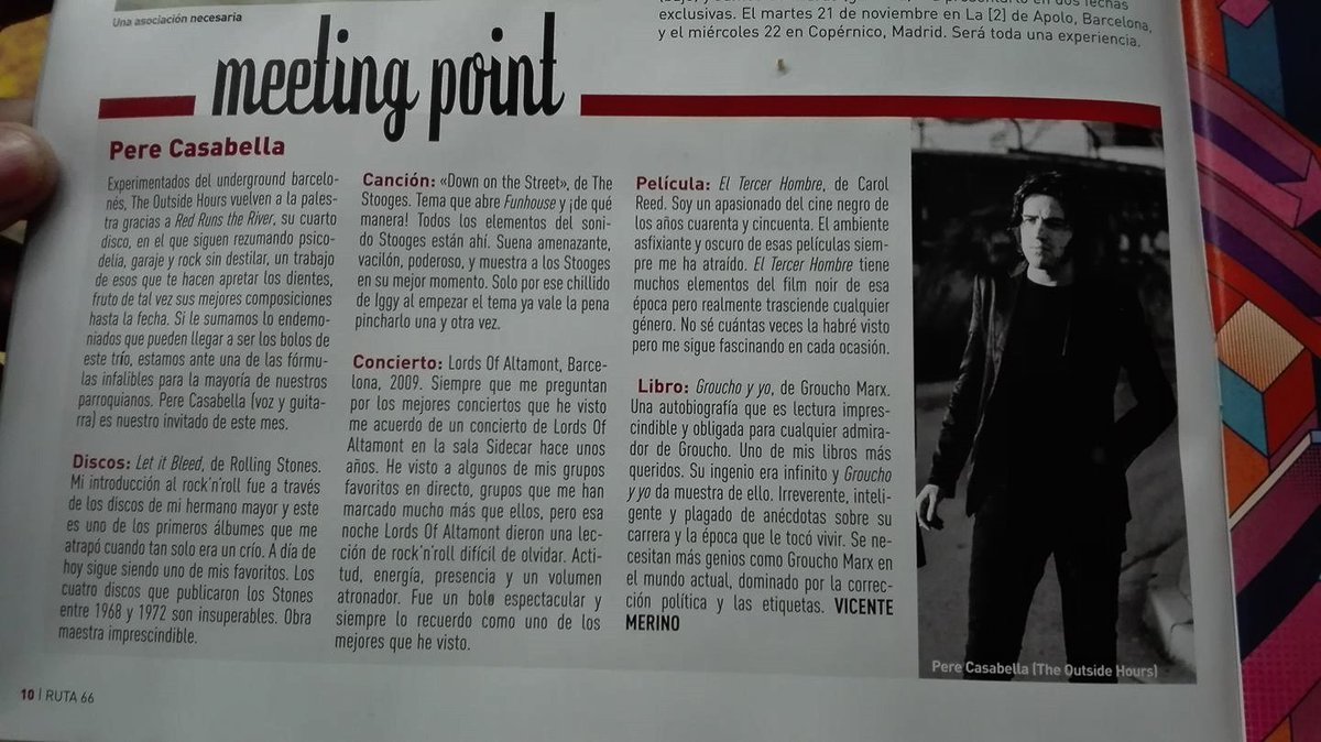 Este mes en la revista <a href="/ruta66mag/">Ruta 66</a>, estoy en la sección Meeting Point hablando sobre mi disco, tema, concierto, película y libro favoritos.