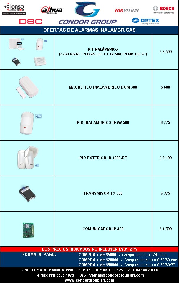 condorgroupsrl's tweet image. OFERTAS DE ALARMAS INALÁMBRICAS!!
Durante el mes de Noviembre.
Consultas a: ventas@condorgroup-srl.com