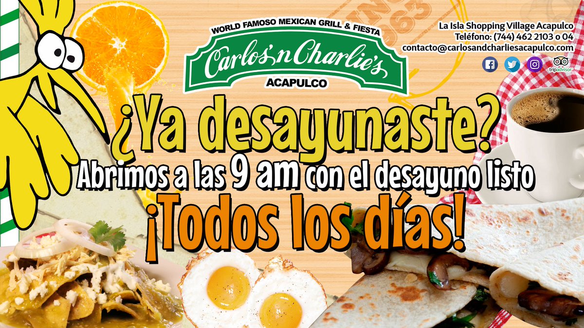 AcaCharlies's tweet photo. ¡Recuerda que todos los días abrimos a las 9 am con el desayuno listo!
#AcaCharlies #ComoEnCasa #AmigosAtendiendoAmigos https://t.co/4SoIRb391O