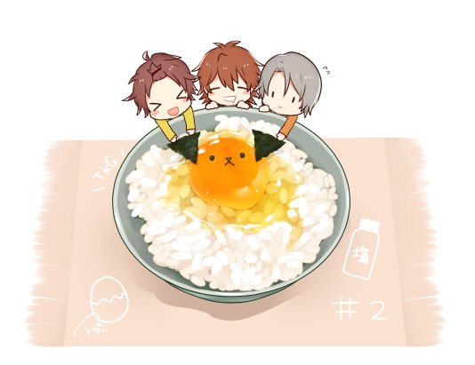 multiple boys brown hair male focus 3boys food closed eyes rice  illustration images