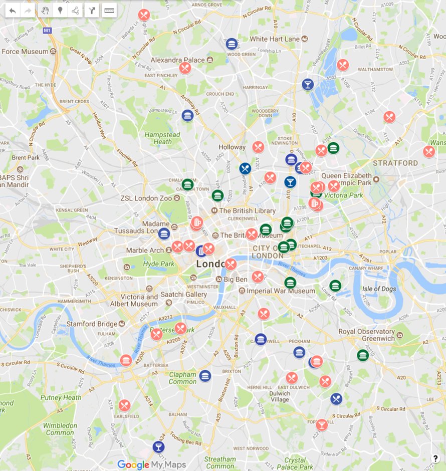Pop-ups in London?  There's a map for that!  drive.google.com/open?id=1w5VRV… Green=Markets, Blue=Food in Bars, Red=Others #MpoUpMap