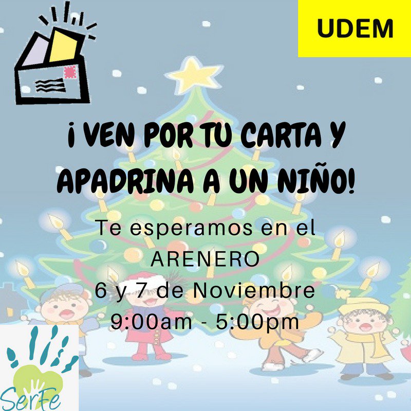 udem's tweet photo. Apadrina un niño de escasos recursos para que pueda recibir un regalo esta navidad. 🎁🎄 Apúntate con #SerFe en el arenero, 9:00-17:00 h. https://t.co/ffqmPsf7wZ