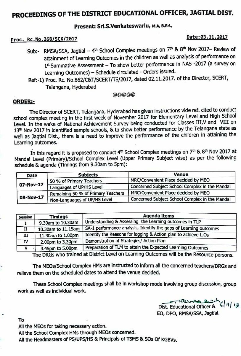 FARHANINFO's tweet photo. #JagtialDist
#DEOJagtial
#RcNo :268/SCX/2017
Dt:03-11-2017
#RMSA #SSA #4th #SchoolComplexMeeting
#Schedule for
#PS #UPS #HS #Teachers https://t.co/Gb2qTzyH6B