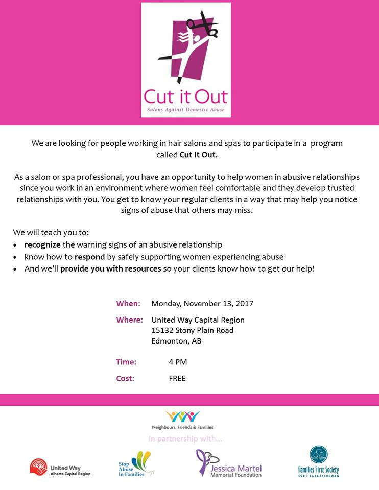 activecitizenAB's tweet photo. Salons Against Domestic Violence Free Workshop for Stylists Nov. 13 to recognize, respond &amp; help someone get support https://t.co/2YaY5w6Bp6 https://t.co/i0sD2riHQF