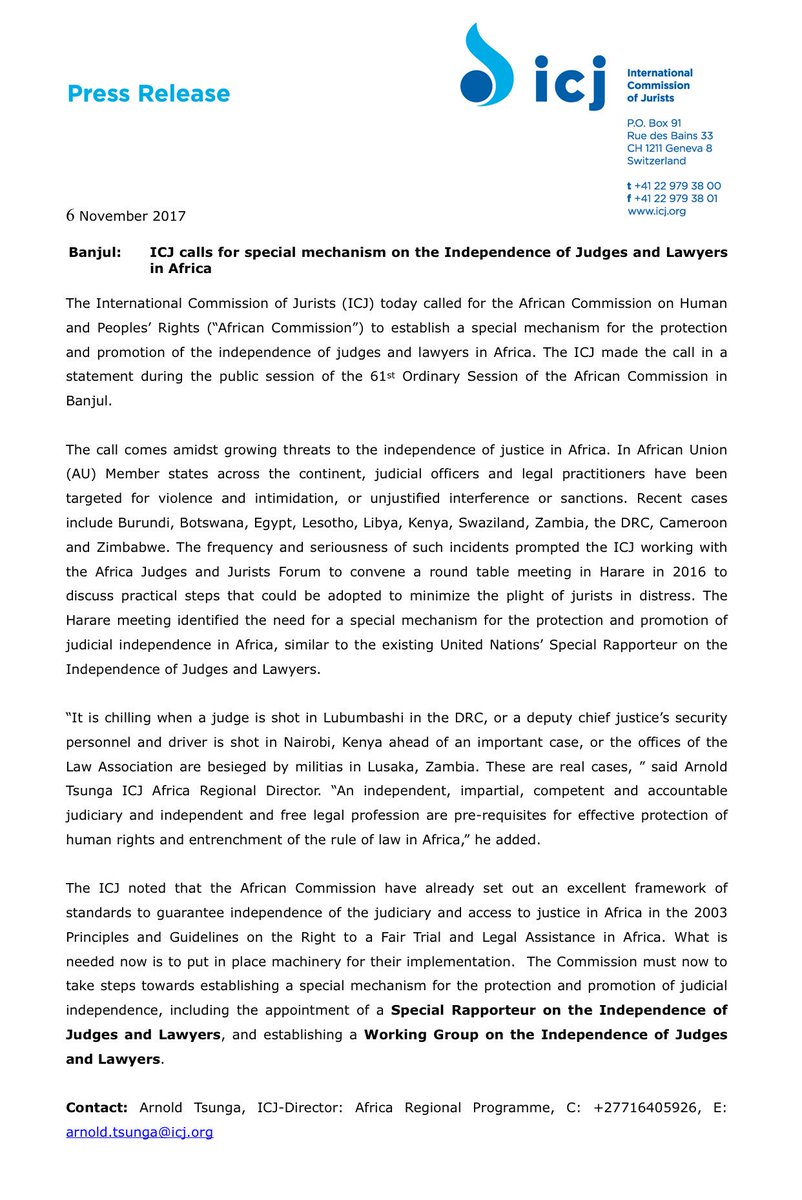tsunga_arnold's tweet photo. #IndepdendenceJudgesLawyers: ICJ calls for special mechanism on the Independence of Judges and Lawyers in Africa 6 Nov 2017 #ACHPRat30 https://t.co/EWVWhffxJR