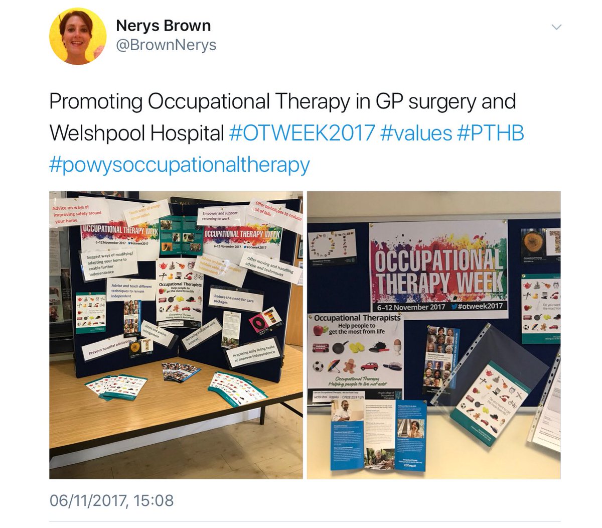 PTHBhealth's tweet photo. Thank you to all our Occupational Therapists spreading the word for #OTWeek2017 @theRCOT @RCOTWalesRegion @Janeymorris12 https://t.co/XmSCPeuegq
