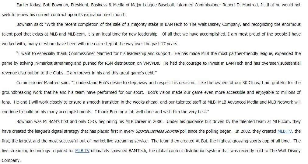 jareddiamond's tweet photo. Bob Bowman, a crucial figure in the growth of MLB Advanced Media, is leaving Major League Baseball. https://t.co/9pFxudAycc